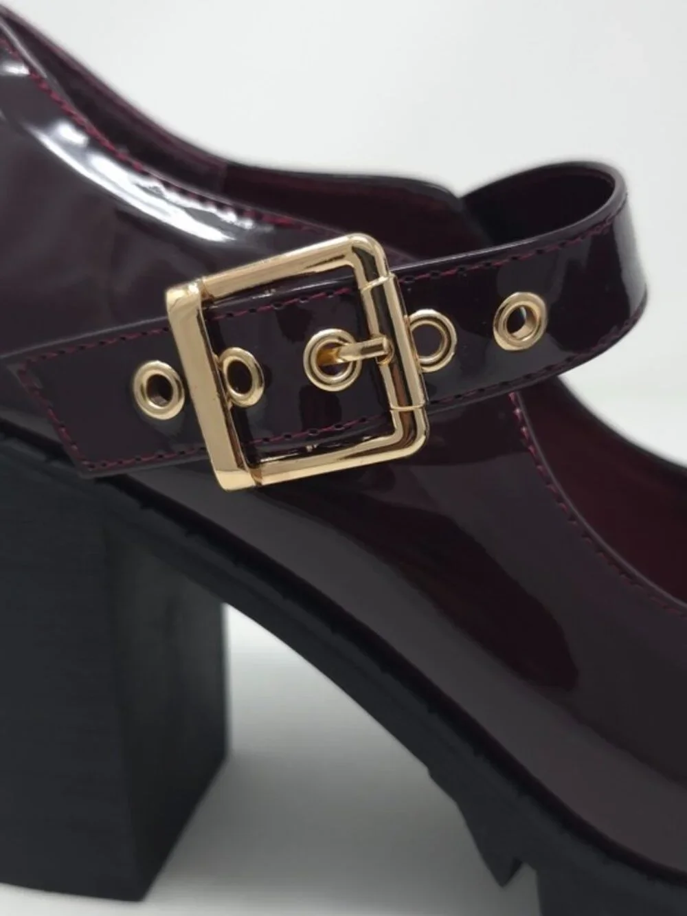 Burgundy Patent Faux Leather Mary Jane Platform Chunky Heel Lug Sole Trendy